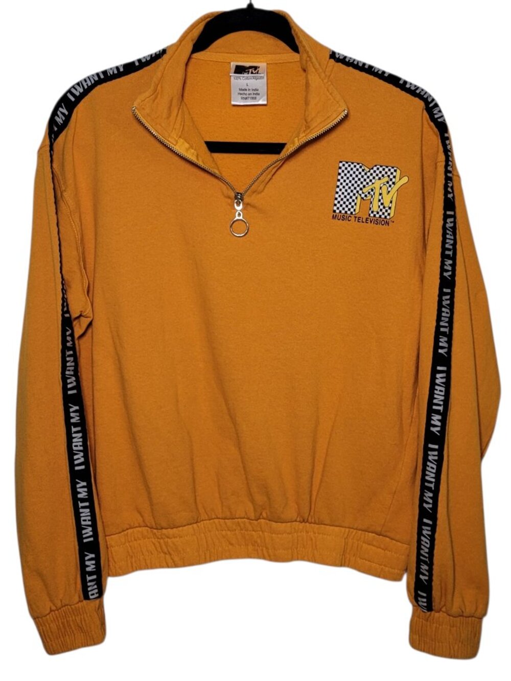 MTV Quarter Zip Sweater Mustard Graphic Sleeve Stripe Large Streetwear Punk 90s